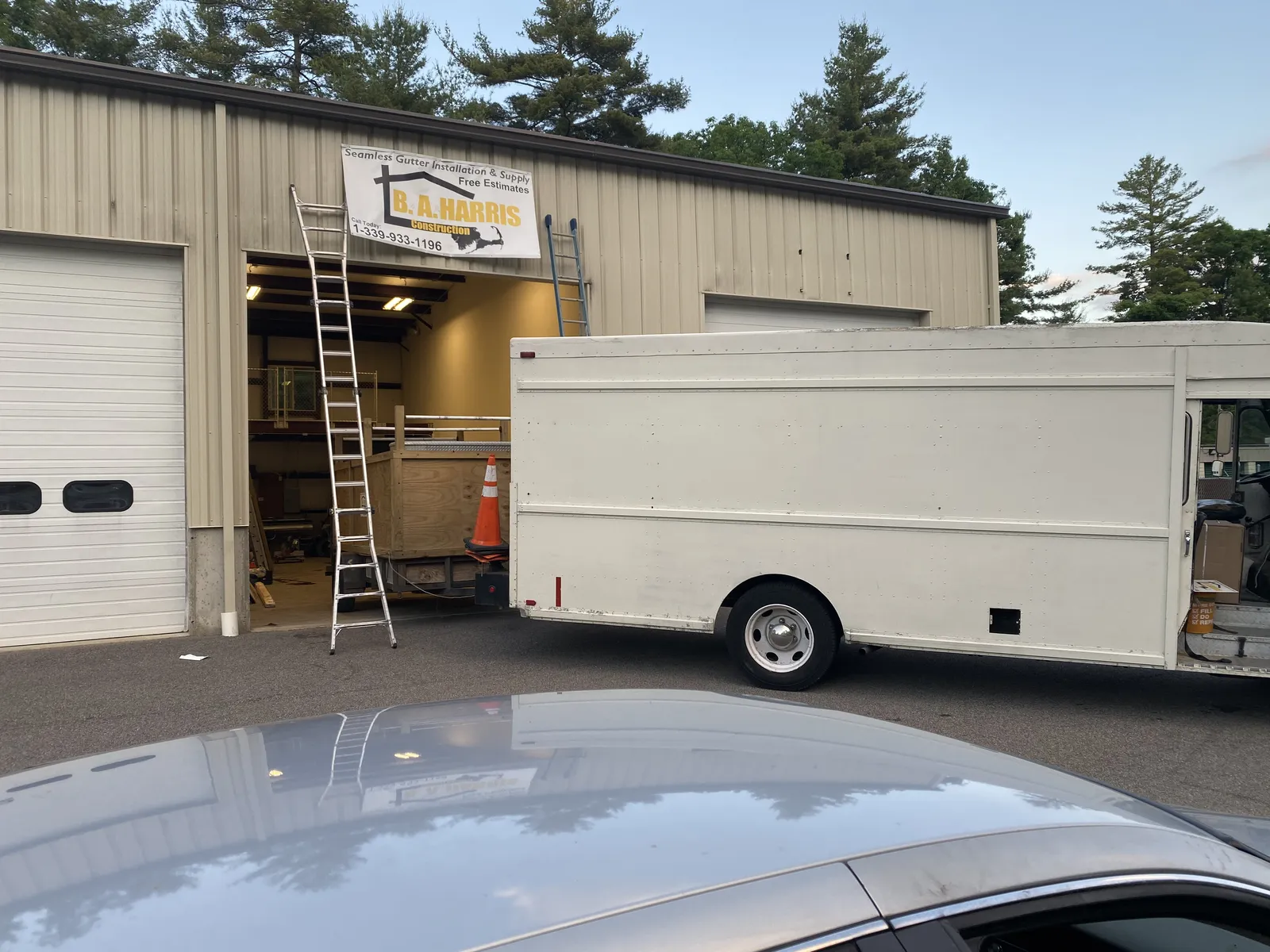 B.A. Harris work truck parked outside the gutter fabrication shop